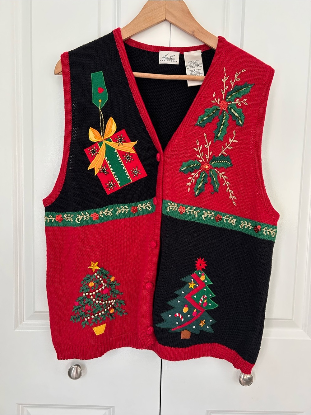Vintage Ugly Christmas Sweater Vest size large Kathie Lee embroidered beaded